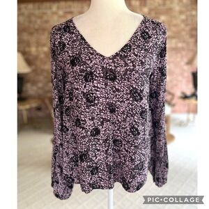 Bp Top Floral Purple Bishop Long Sleeve V-Neck Boho Chic Romantic Brunch Work
